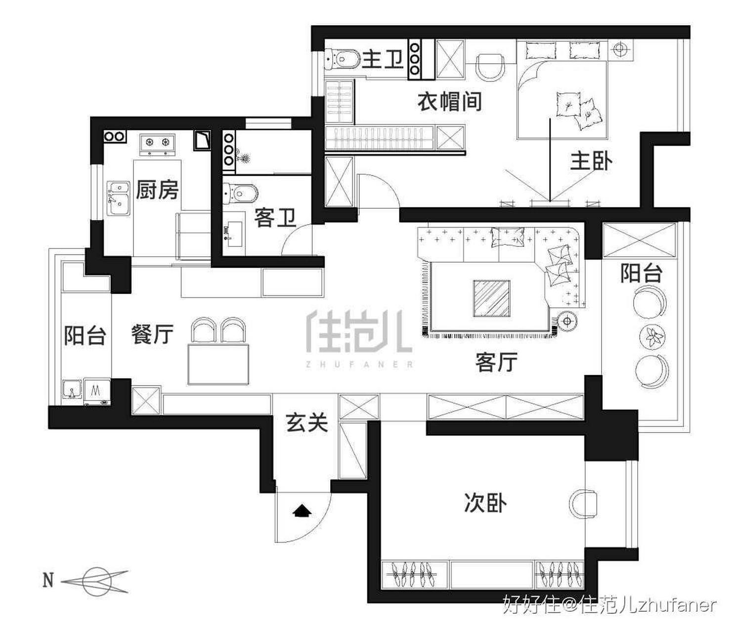 平面佈置圖餐廳和客廳的牆體實際上不是一條水平線,在櫃子和卡座視覺